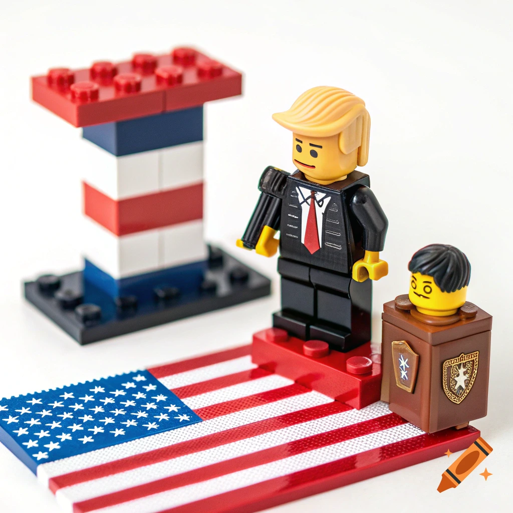 Lego figures of Donald Trump and another figure stand on a US flag base near a podium and a Lego structure