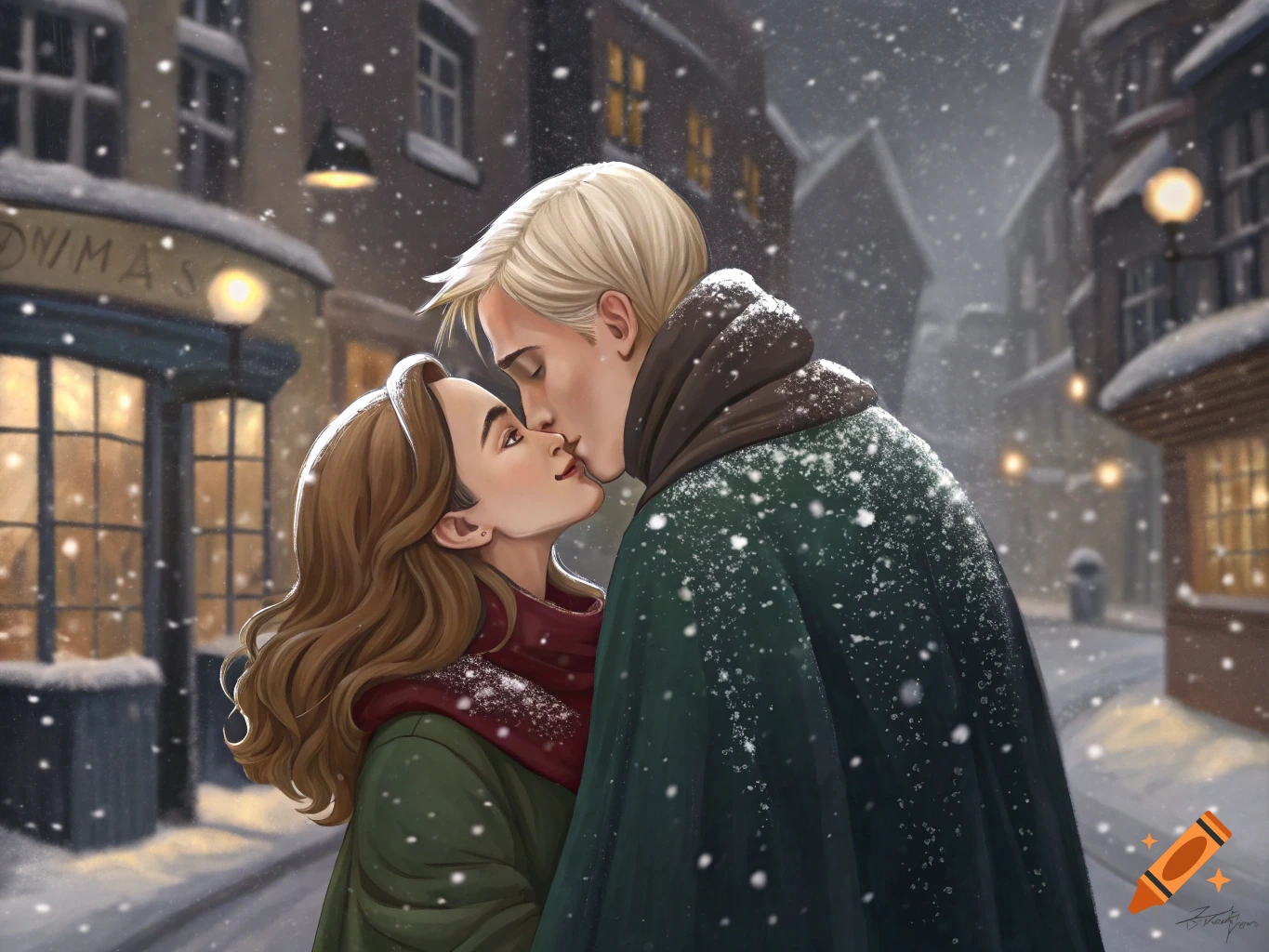 Illustration of two people kissing in a snowy street at night