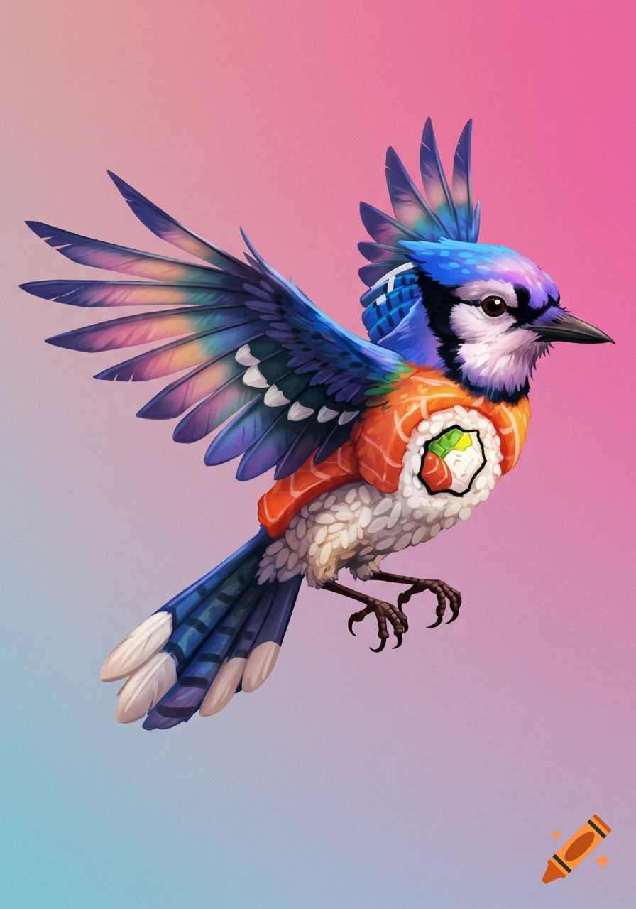 Stylized illustration of a bird fused with sushi, against a gradient background.
