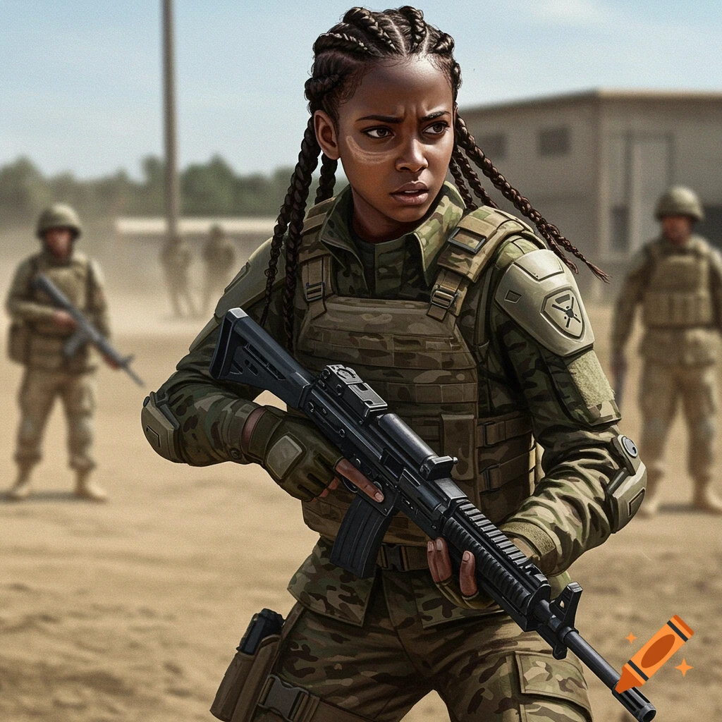 A young girl in military gear holding a rifle in a desert environment with soldiers in the background.