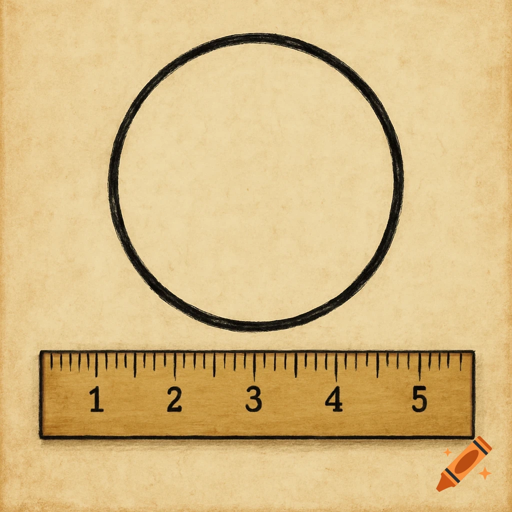 A hand-drawn black circle floats above a wooden ruler marked 1 through 5 on a textured paper background.