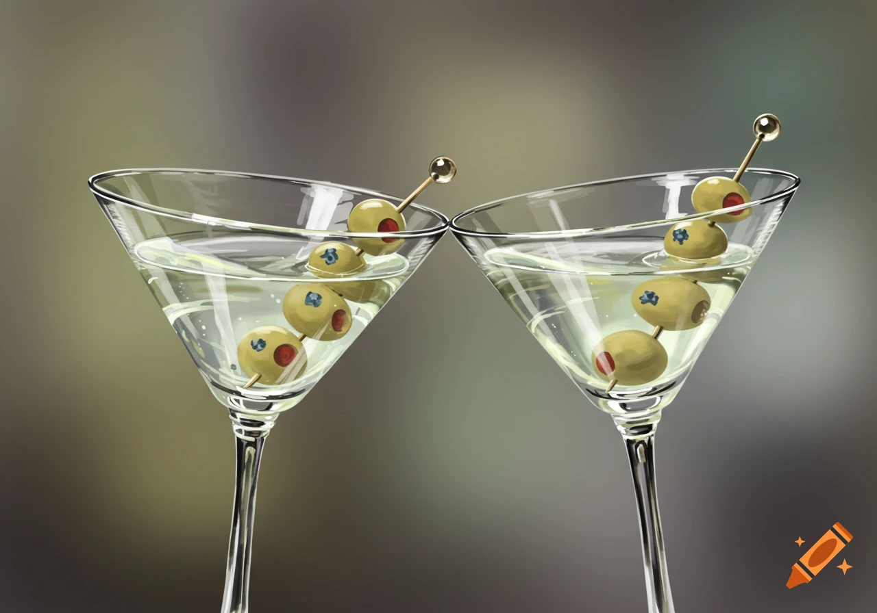 Two martini glasses clinking together, each with several olives on a skewer.