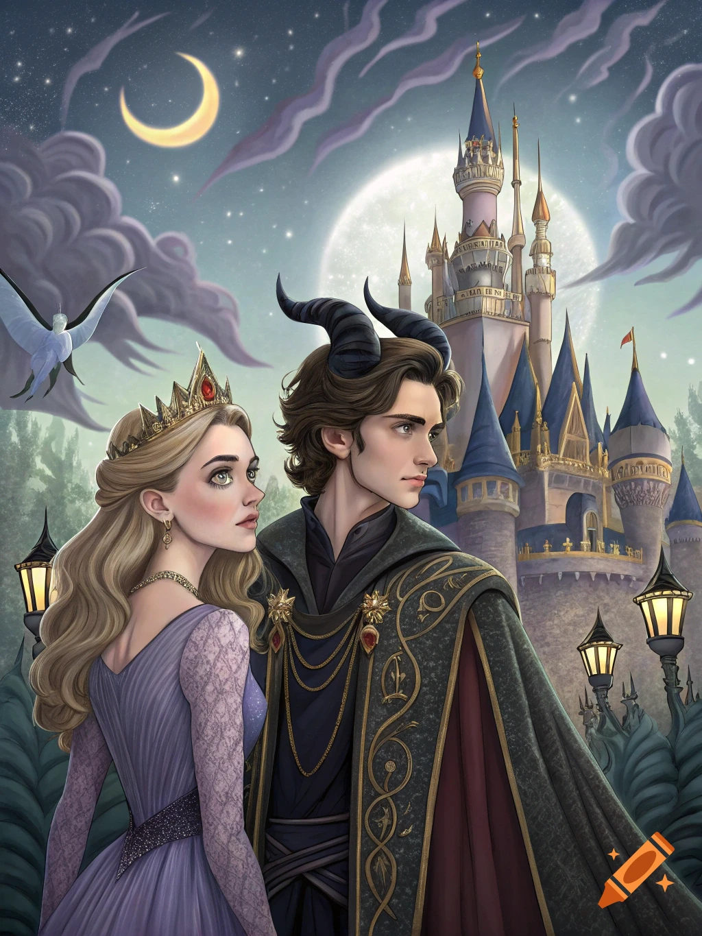 Fantasy illustration of a horned prince and princess standing in front of a large castle under a moonlit sky.