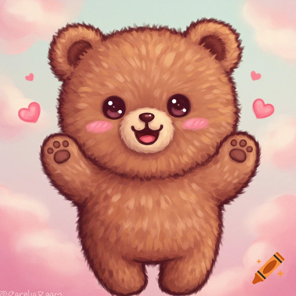 A cute fluffy cartoon bear with pink cheeks and hearts floating around it.