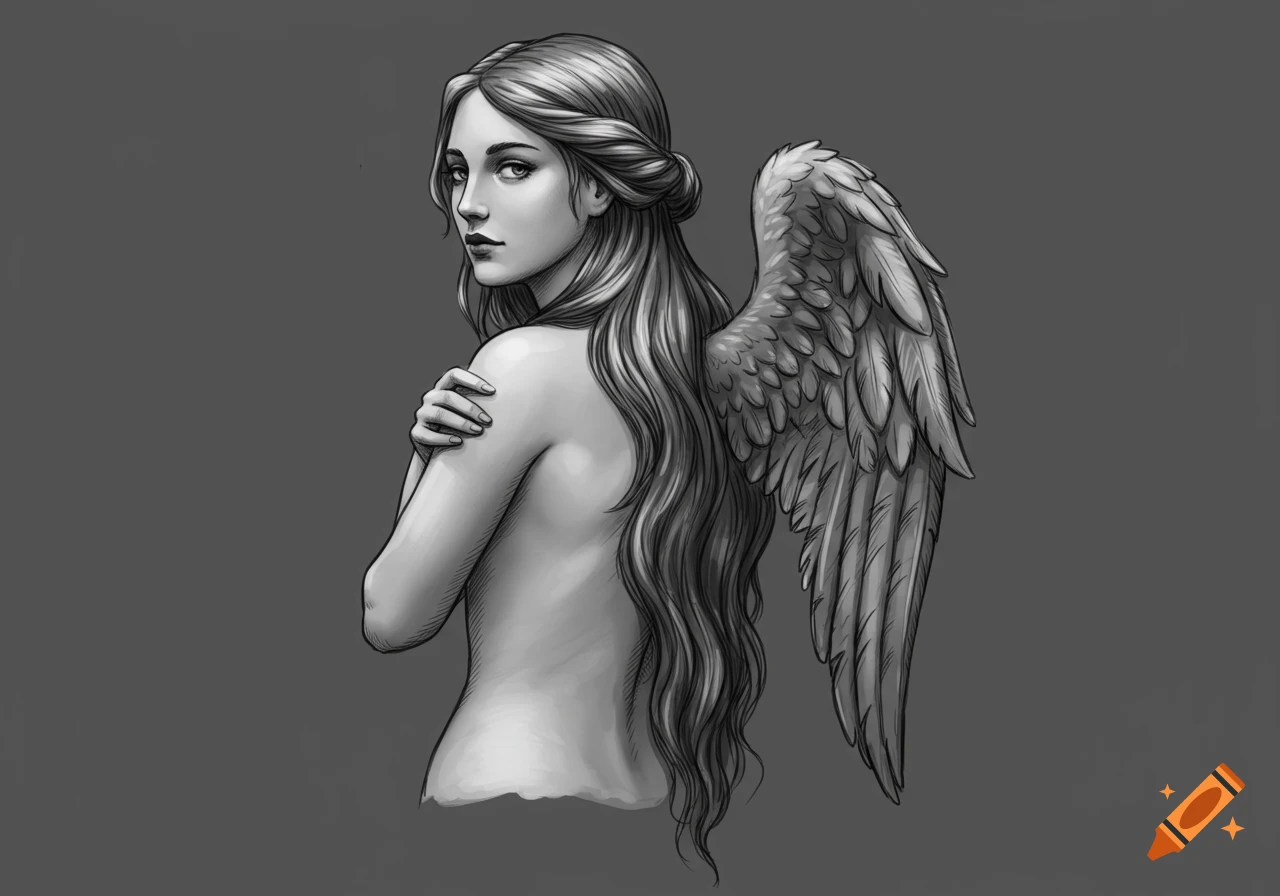 Monochrome drawing of a woman with an angel wing looking over her shoulder.