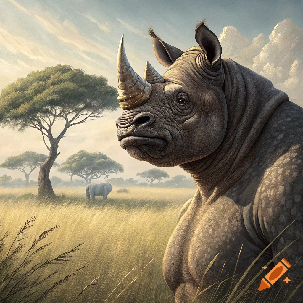 A muscular rhino stands in a savanna landscape.