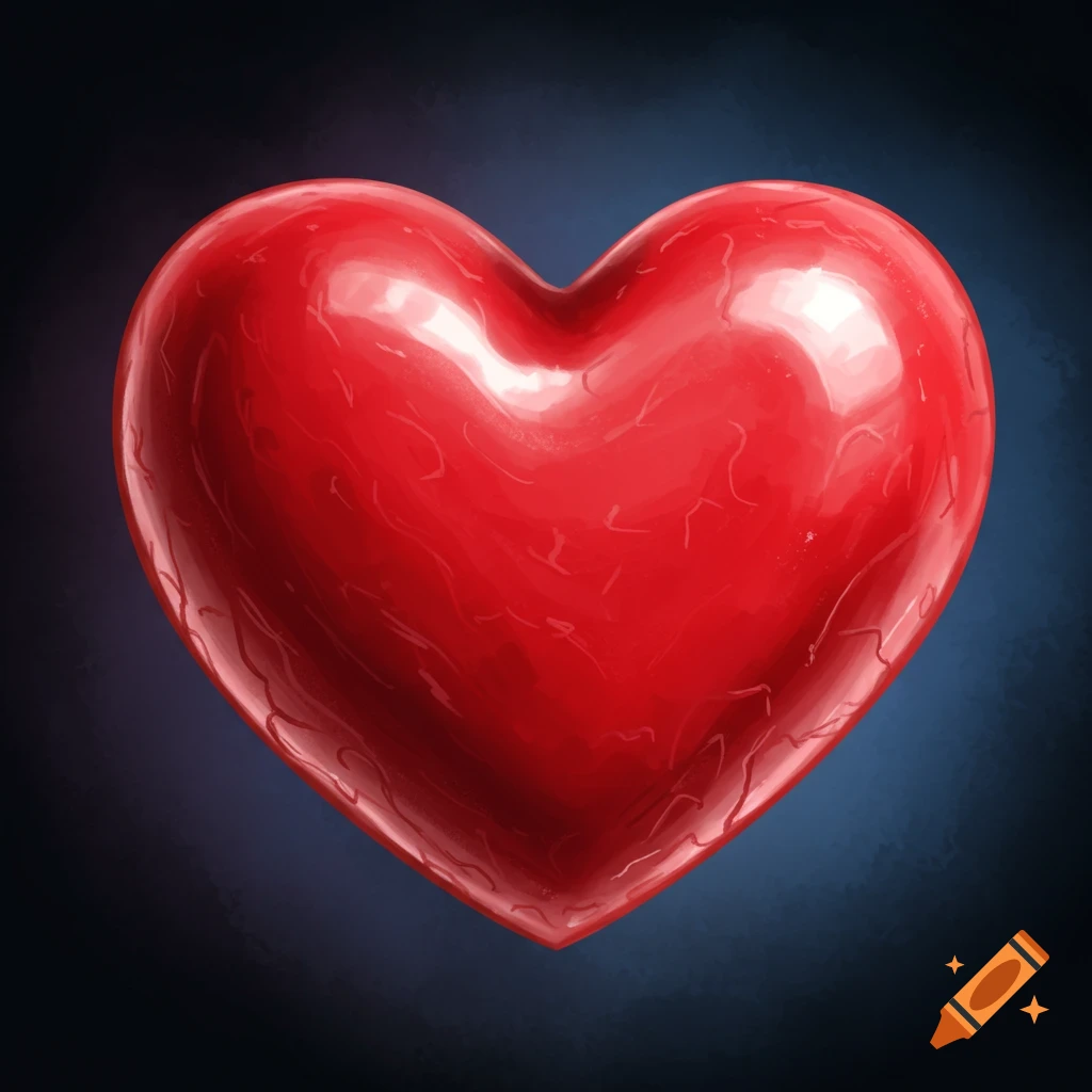 A glossy red heart against a dark background.