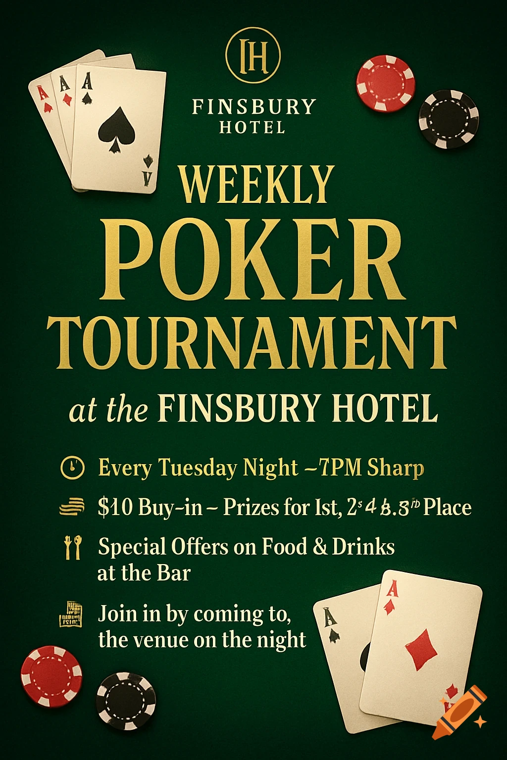Poster for a weekly poker tournament at Finsbury Hotel with poker chips and cards.