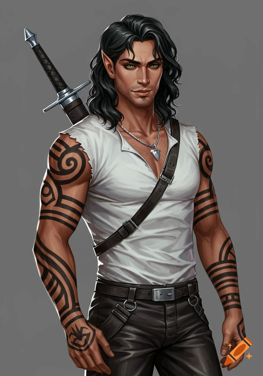 Portrait of a fantasy male character with elven ears, tribal tattoos, wavy black hair, green eyes, white shirt, and sword.