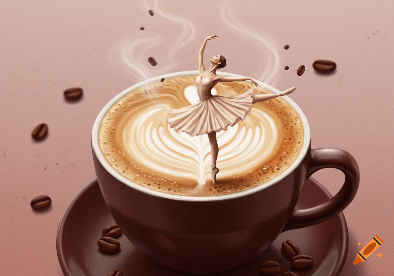 A ballerina dances en pointe in a latte art pattern inside a coffee cup, with floating coffee beans.