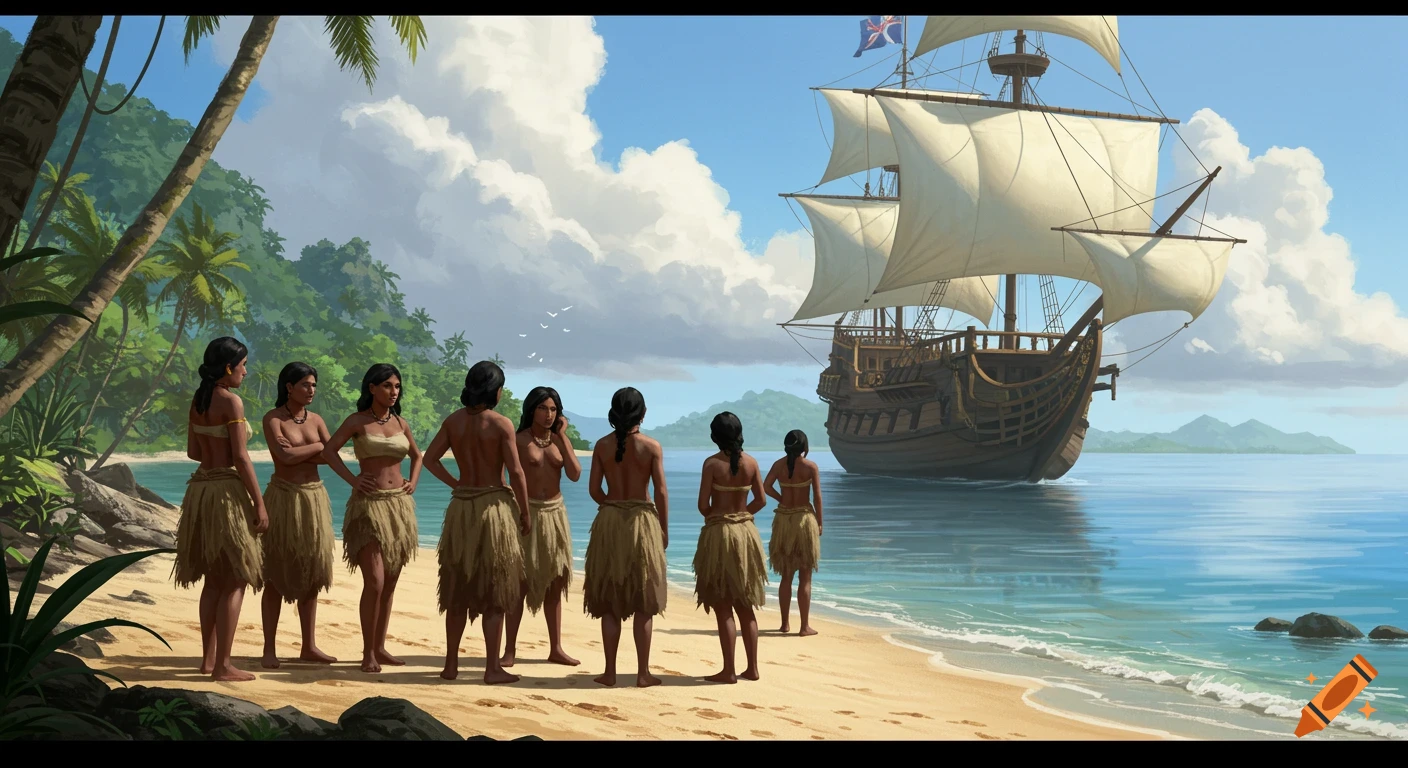 Native women on a tropical beach watch a sailing galleon arrive.