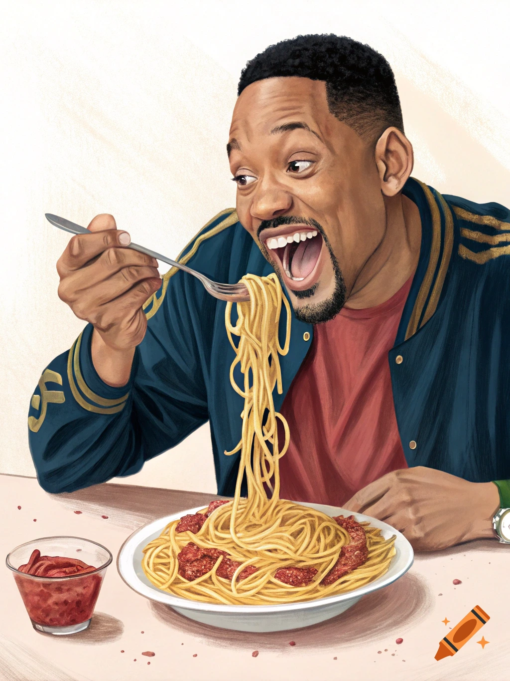 Illustration of Will Smith eagerly eating spaghetti