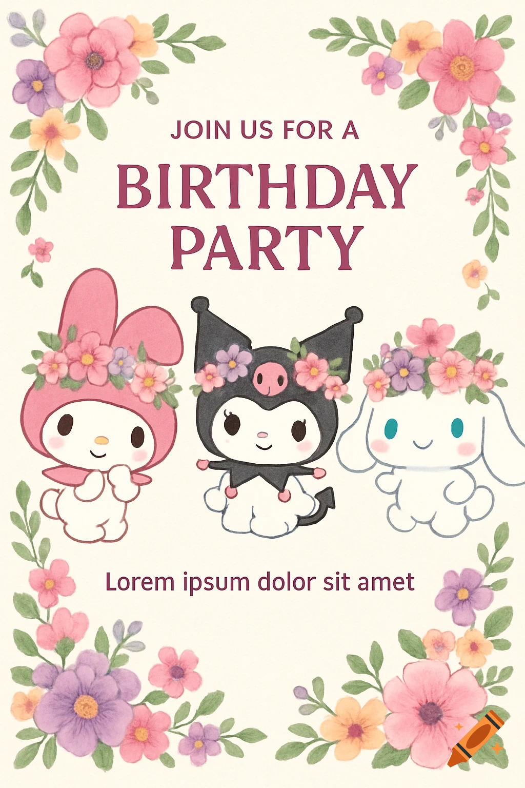 Cartoon Sanrio characters My Melody, Kuromi, and Cinnamoroll with flowers on a birthday invitation.