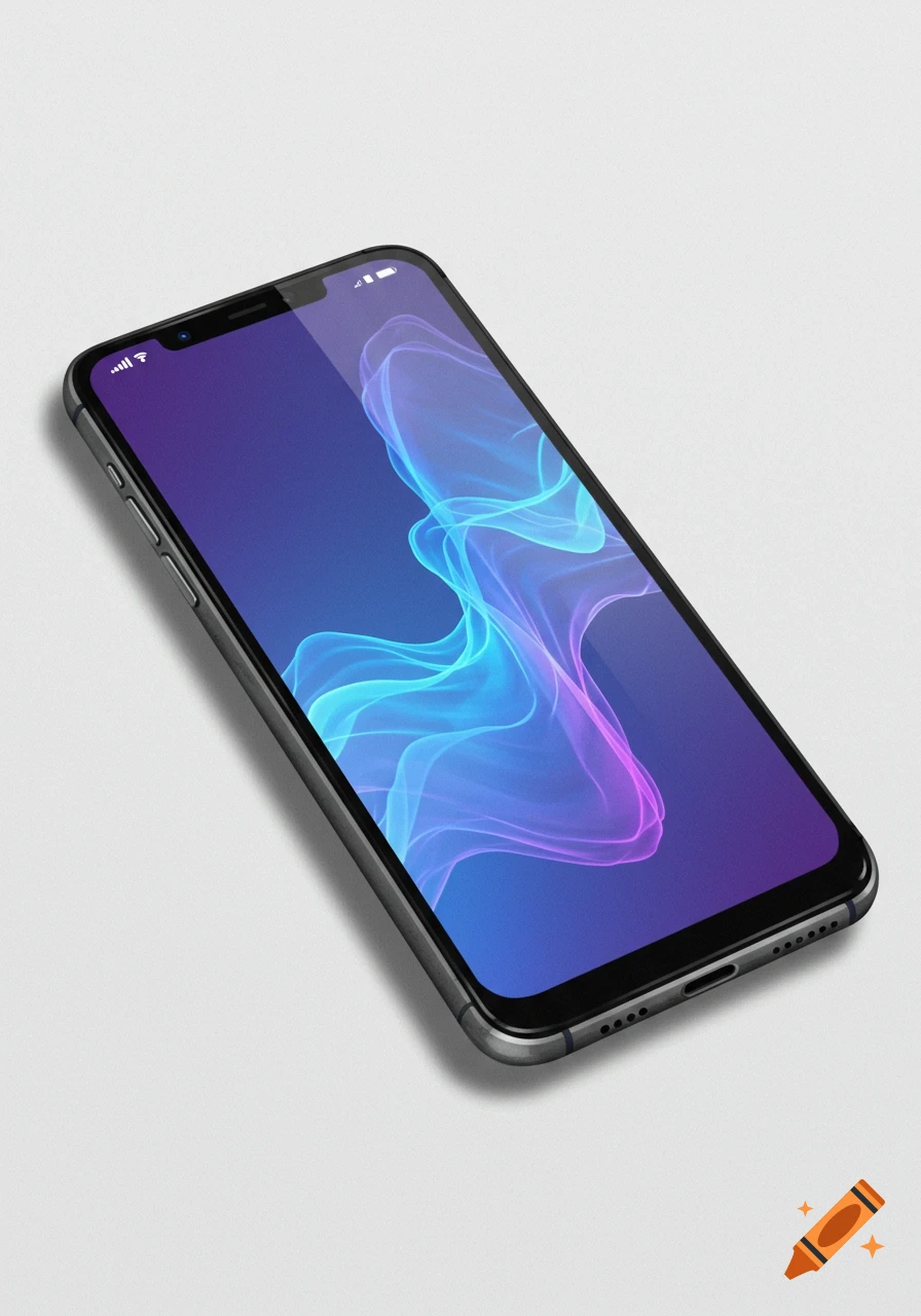 Photorealistic render of a smartphone with an abstract blue and purple background on the screen.