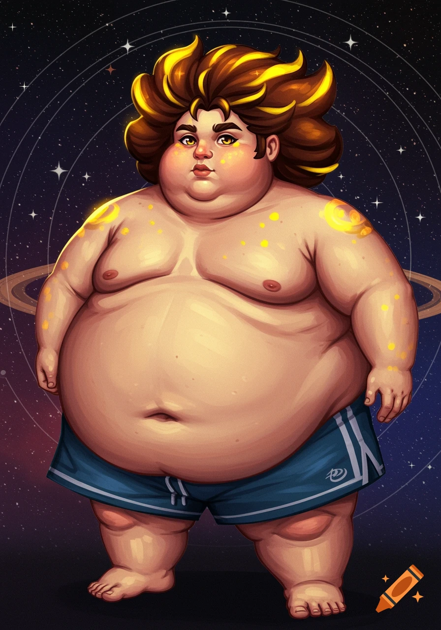A large, shirtless person with spiky yellow-highlighted hair stands in front of stars and planets. They wear blue shorts.