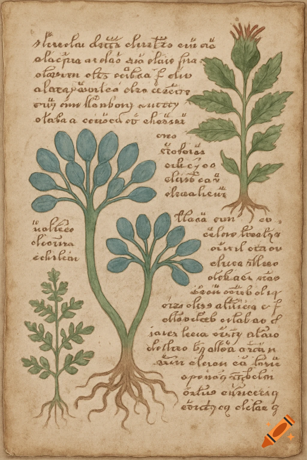 Botanical illustrations and text on aged paper in the style of the Voynich Manuscript.