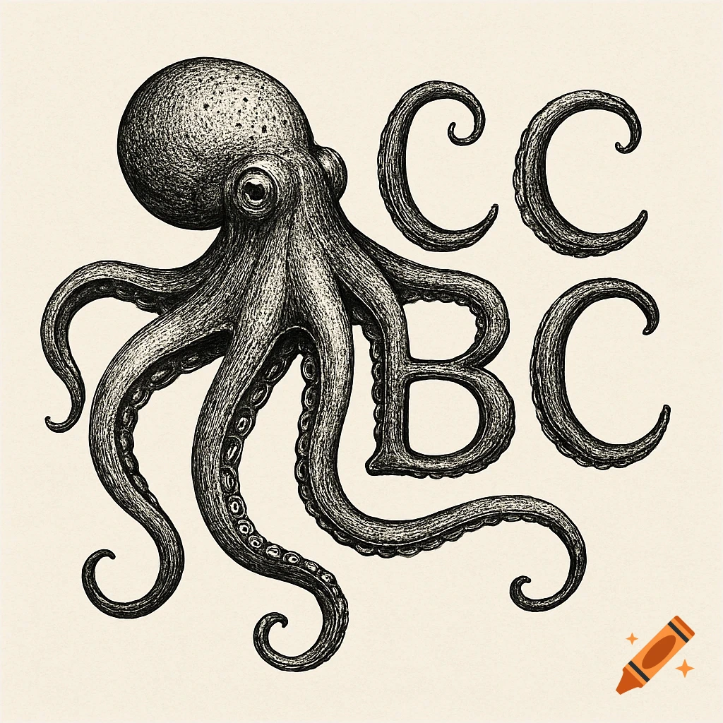 Black ink illustration of an octopus with tentacles forming the letters CCBC.