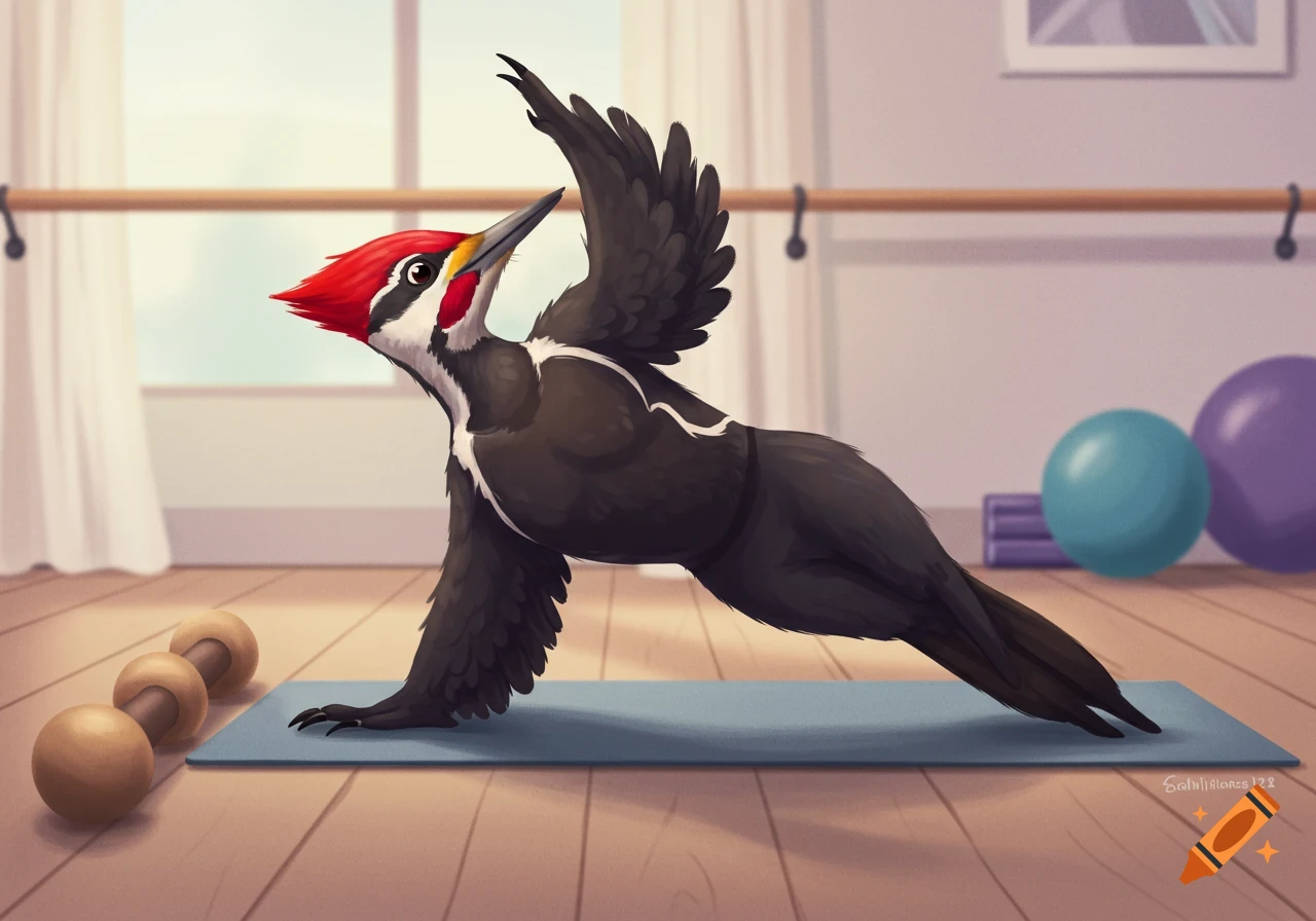 An illustrated pileated woodpecker does a yoga pose on a mat in a studio.