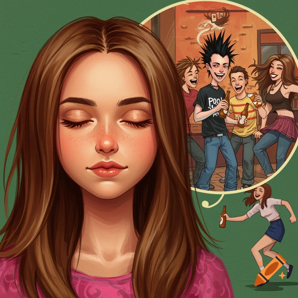 Illustration of a girl dreaming of cartoonish figures drinking beer and a girl running.