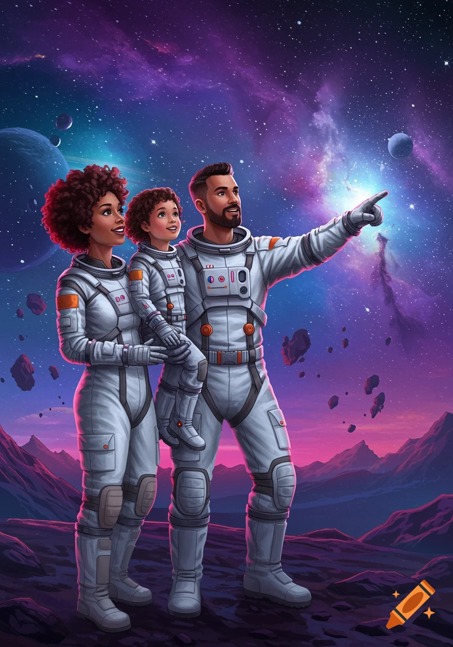 Astronaut family on an alien planet looking up at the stars and nebulae.