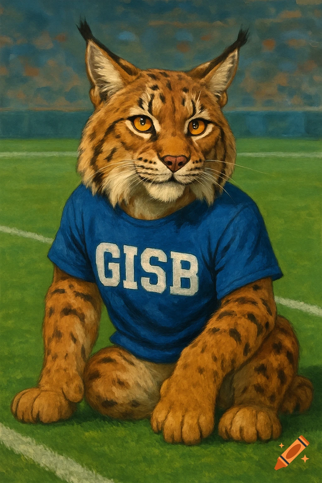 A painting of a bobcat mascot wearing a blue GISB t-shirt on a green field.