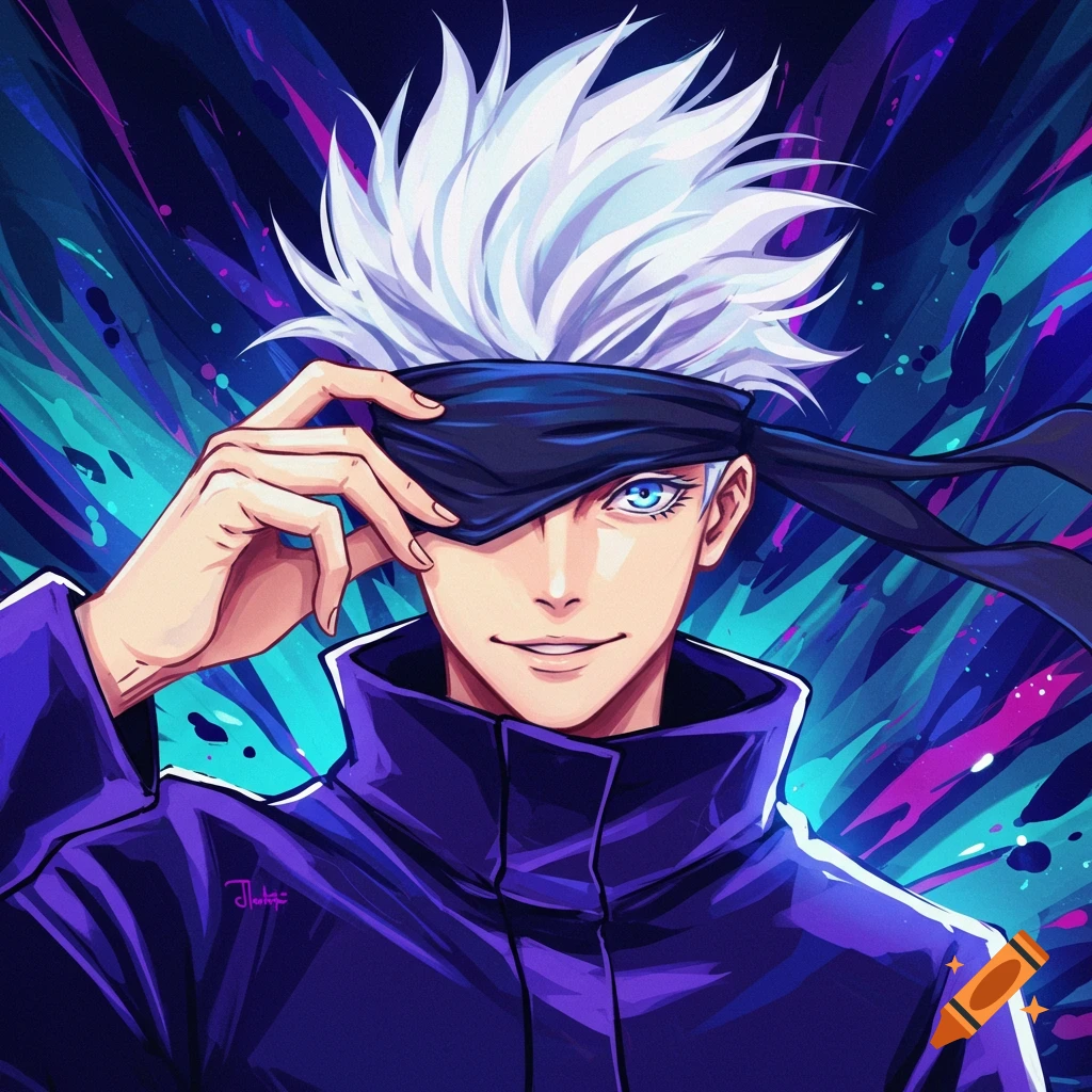 Anime portrait of Satoru Gojo with white hair and blue eyes pulling down his black blindfold.