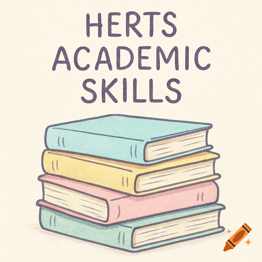 A stack of pastel books with 'Herts Academic Skills' text in an illustration style.