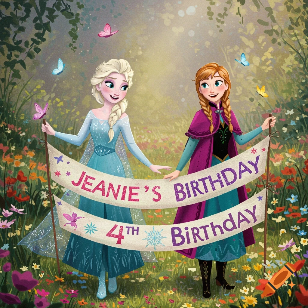 Elsa and Anna hold a banner saying "Jeanie's 4th Birthday" in a sunny, flower-filled meadow.