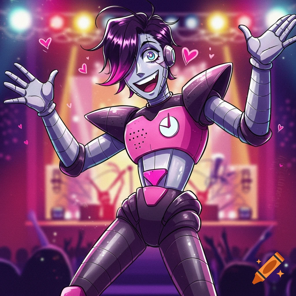 Cartoon robot character with pink and gray armor on a stage, smiling with arms raised, pink hearts floating around.