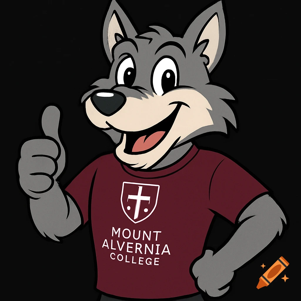 Cartoon wolf mascot in a maroon college shirt gives a thumbs up.