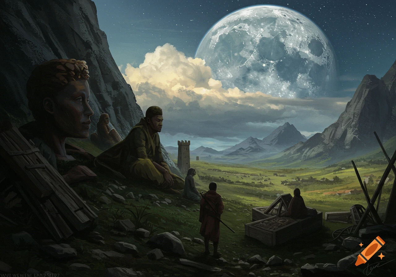 Digital painting of a valley landscape under a giant moon and stars, with large ancient figures overlooking smaller people and structures.