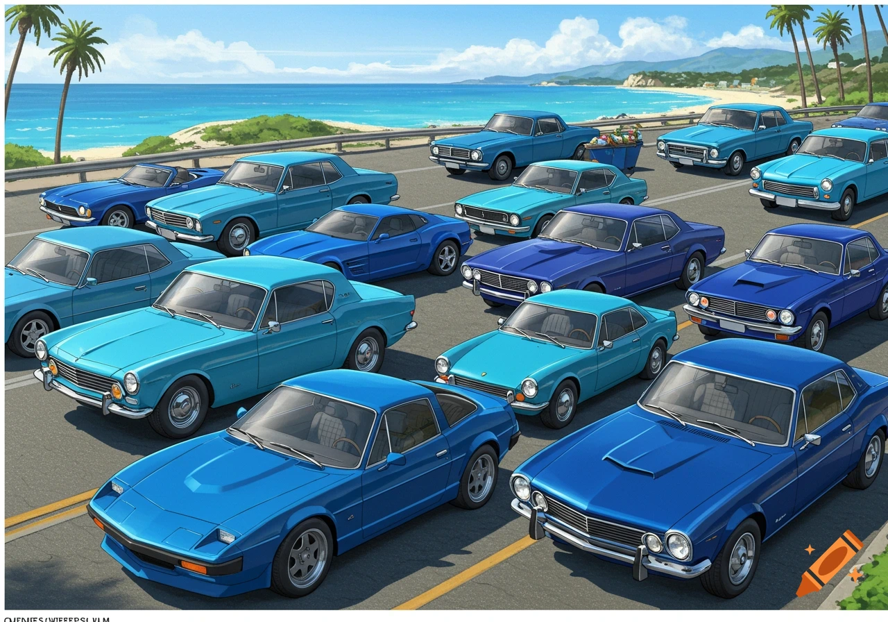 Multiple blue cars parked on a road beside a beach with palm trees ...