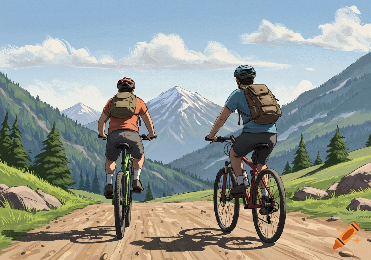 Illustration of two people mountain biking on a dirt trail towards mountains.
