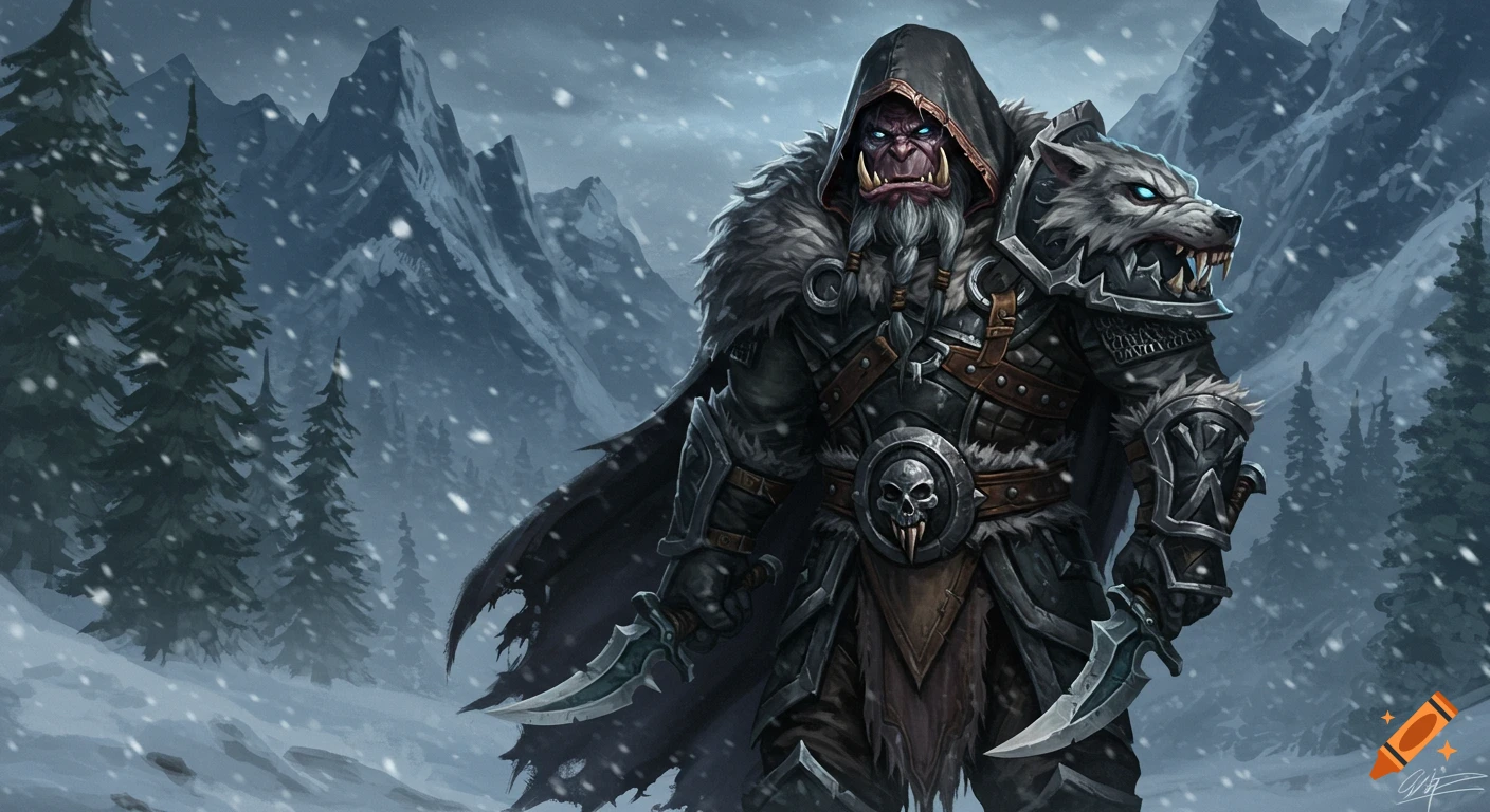 Fantasy art of an orc rogue in winter armor standing in snowy mountains.
