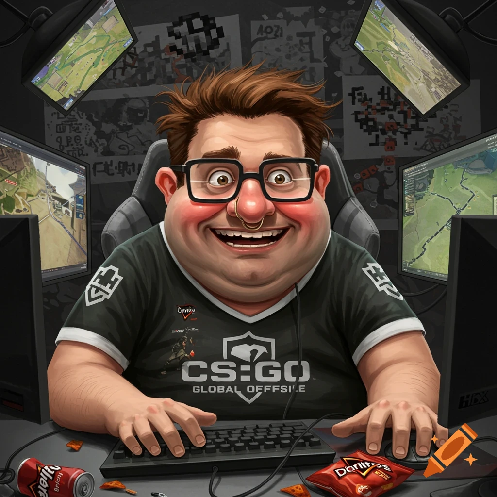 Cartoon of a smiling gamer with glasses playing CS:GO at a desk with monitors, soda, and chips.
