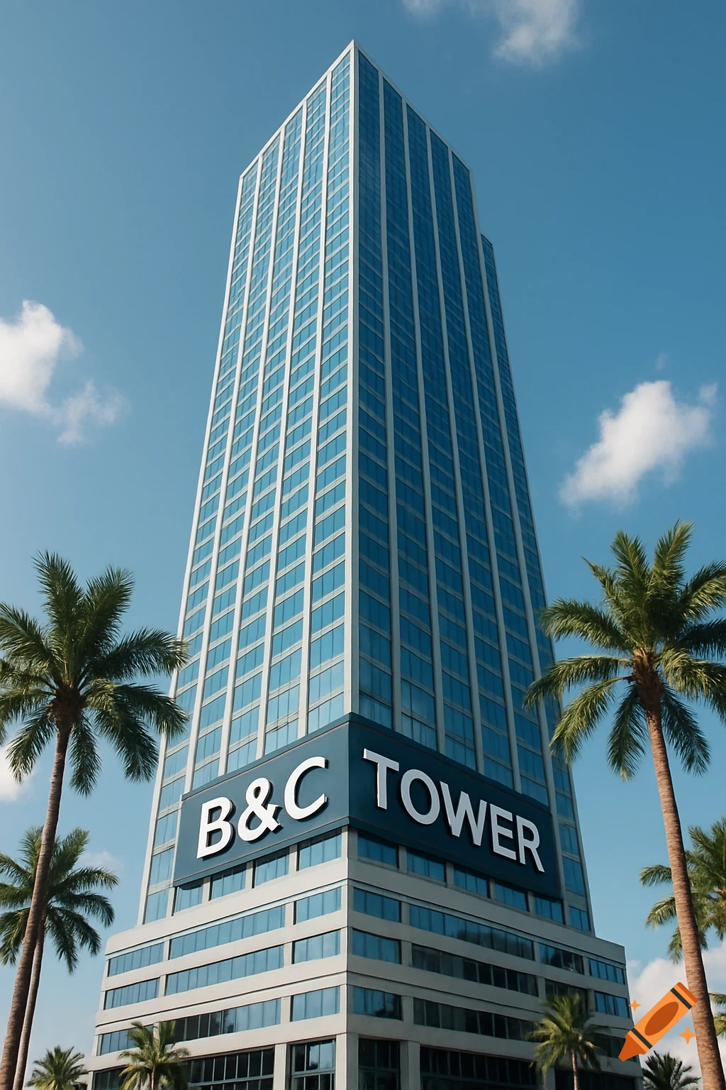 A tall skyscraper with 'B&C Tower' sign, surrounded by palm trees under a blue sky.