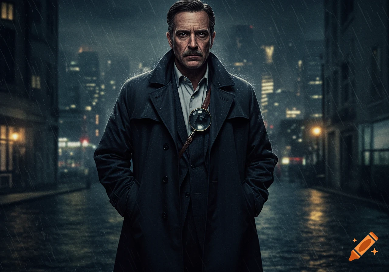 A man in a trench coat stands in the rain on a city street at night.