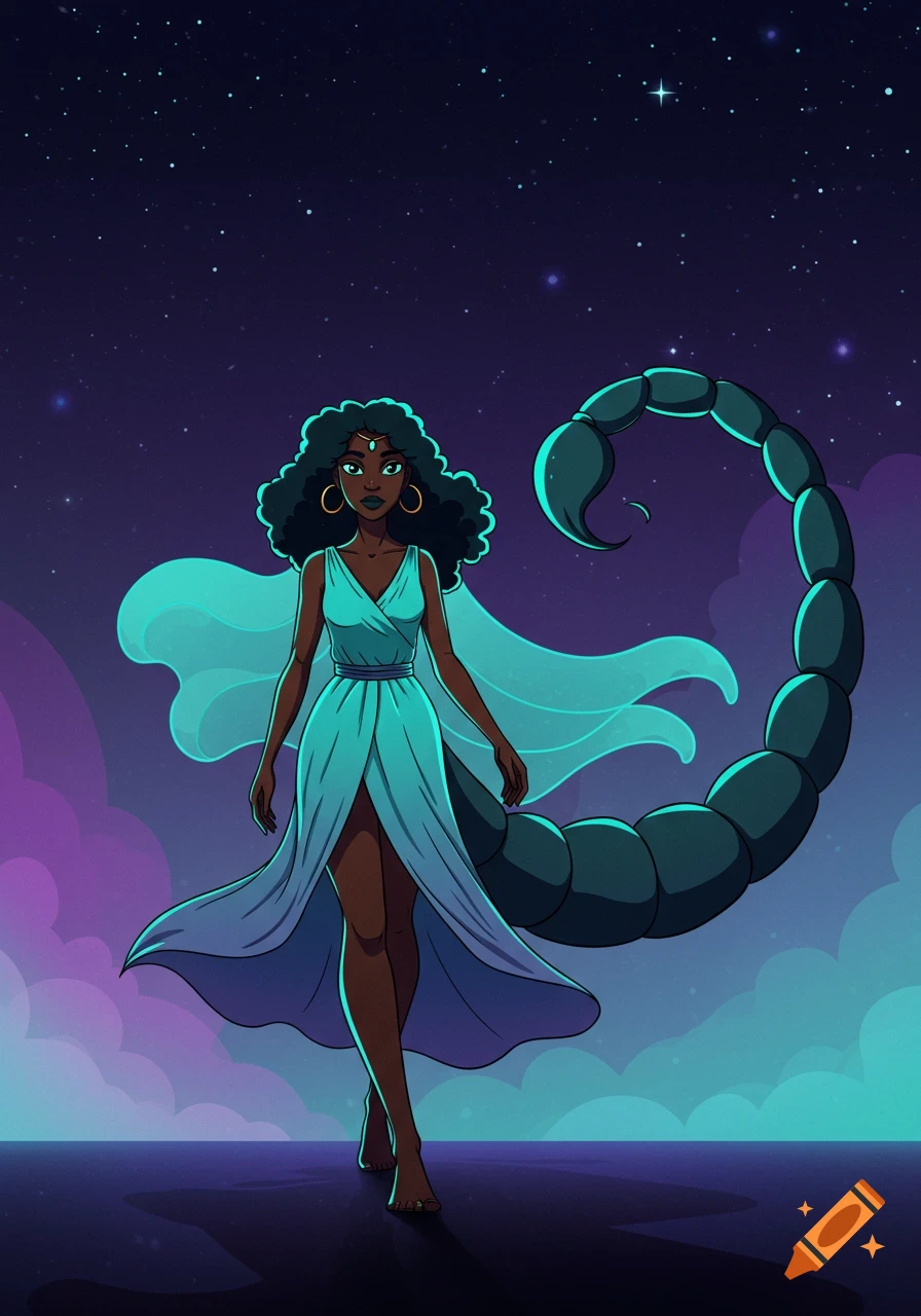 Cartoon woman with scorpio tail in flowy dress under starry sky