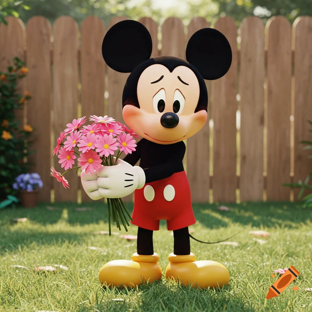 Mickey Mouse looking sad while holding a bouquet of pink flowers in a sunny garden.