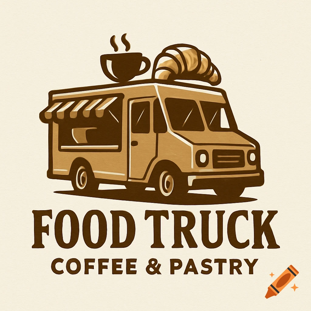 Illustration of a food truck logo with a coffee cup and croissant on top, and text below.