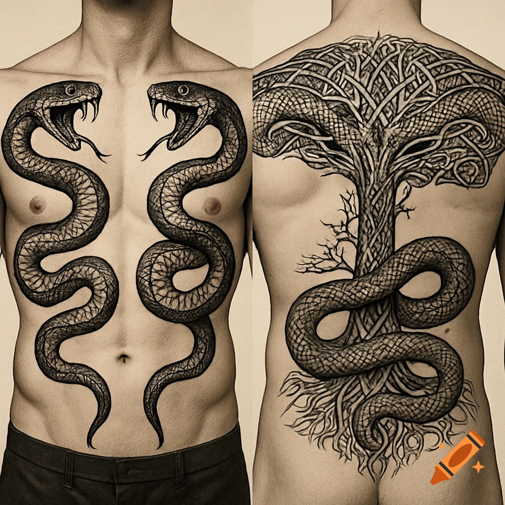 Male torso with detailed black ink tattoos of snakes on the chest and a snake entwined around Yggdrasil on the back.