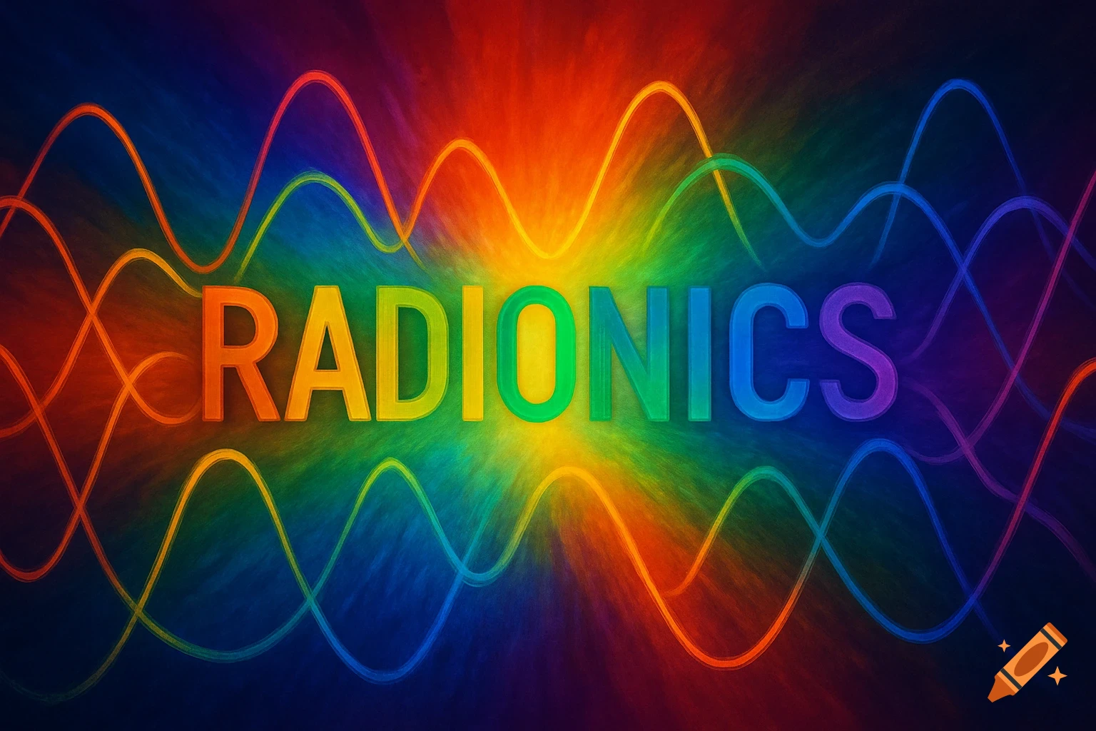 Colorful sine waves and the word RADIONICS in rainbow colors against a radiant background.