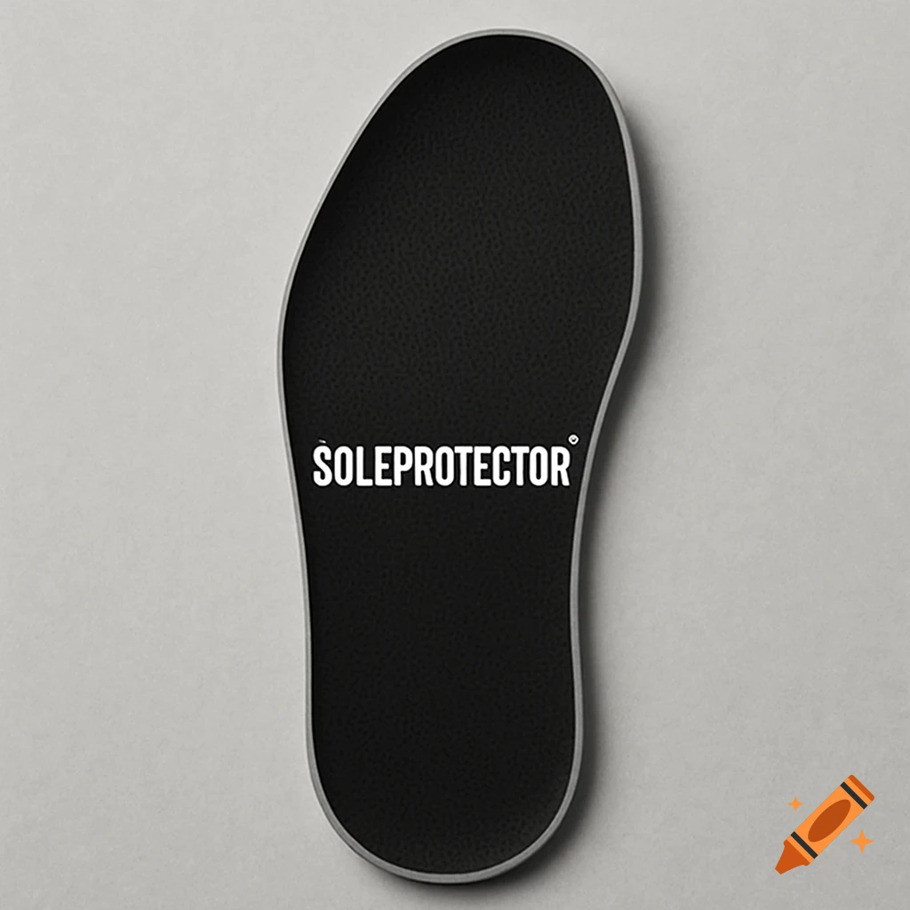 A black shoe insole with the text "SOLEPROTECTOR" on a grey background.