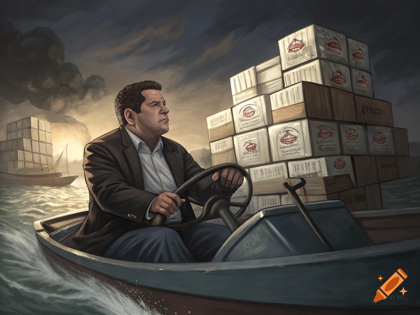 Illustration of a man steering a small boat loaded with boxes.