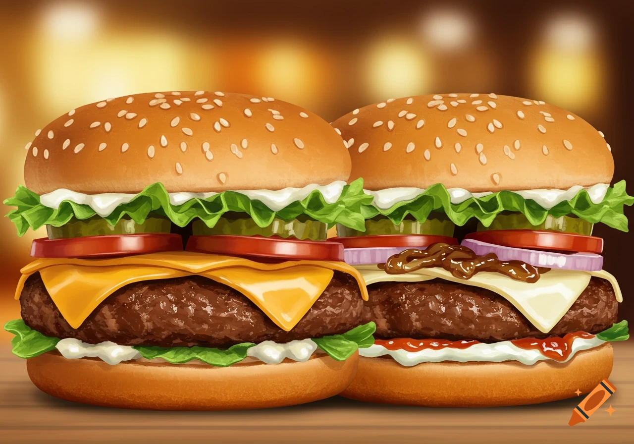 Close up of two large, juicy cheeseburgers on a wooden surface with a blurred background. The burgers have sesame seed buns, patties, cheese, lettuce, tomato, pickles, onion, and sauce.