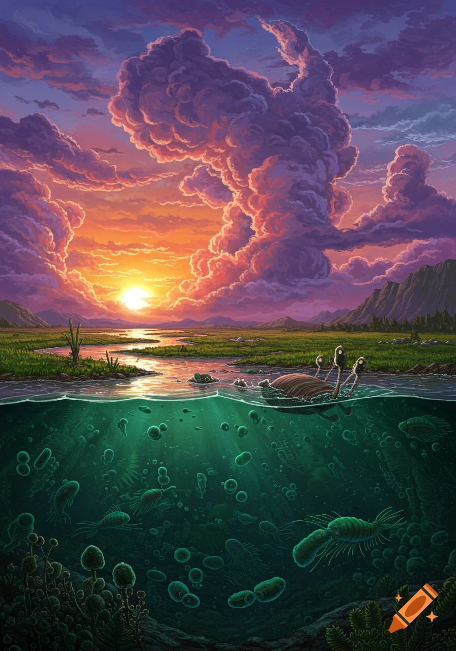 A split view image shows a marshy river landscape at sunset above and prehistoric microbes and life forms underwater below.