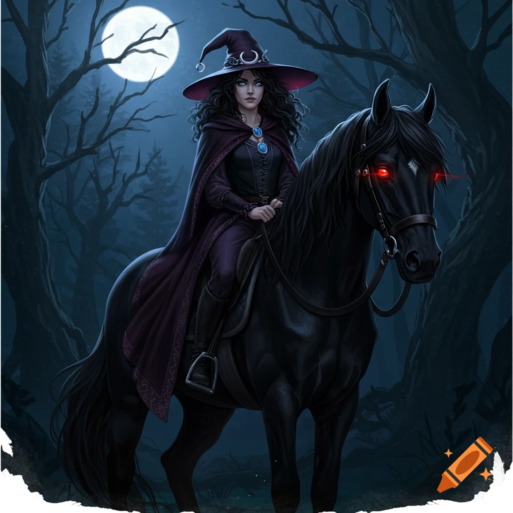 A witch riding a black horse through a dark forest under a full moon.