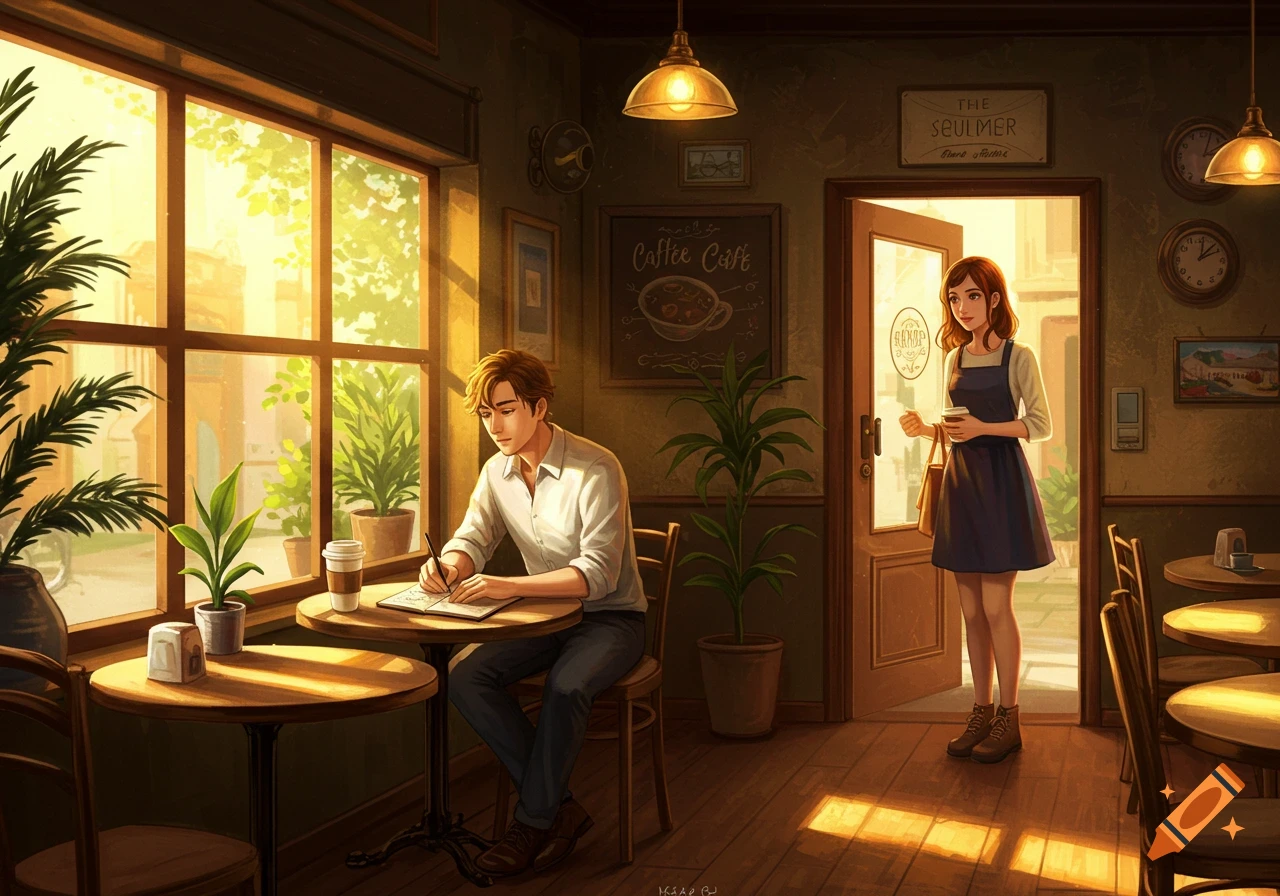 Anime art of a man writing in a cafe while a woman enters with coffee, warm light filters through the window.