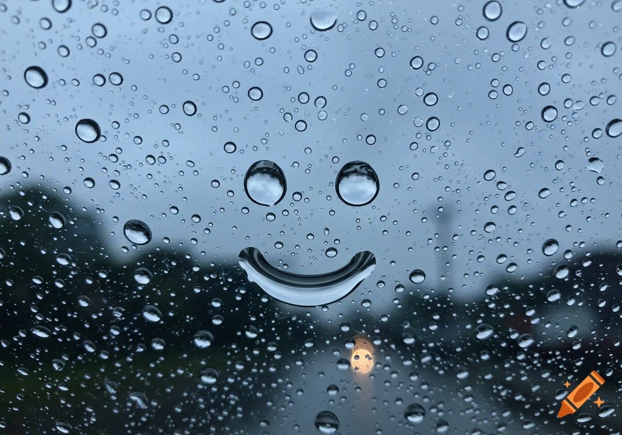 Raindrops on a windshield form a smiley face with two large drops for eyes and a curved drop for a mouth.