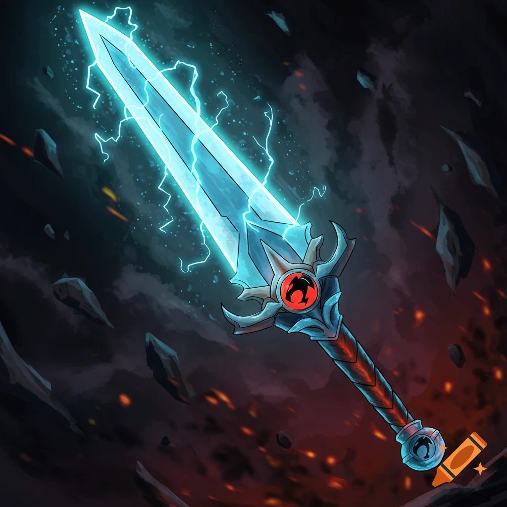 The Thundercats Sword of Omens glowing with blue lightning in a fiery, debris-filled sky.